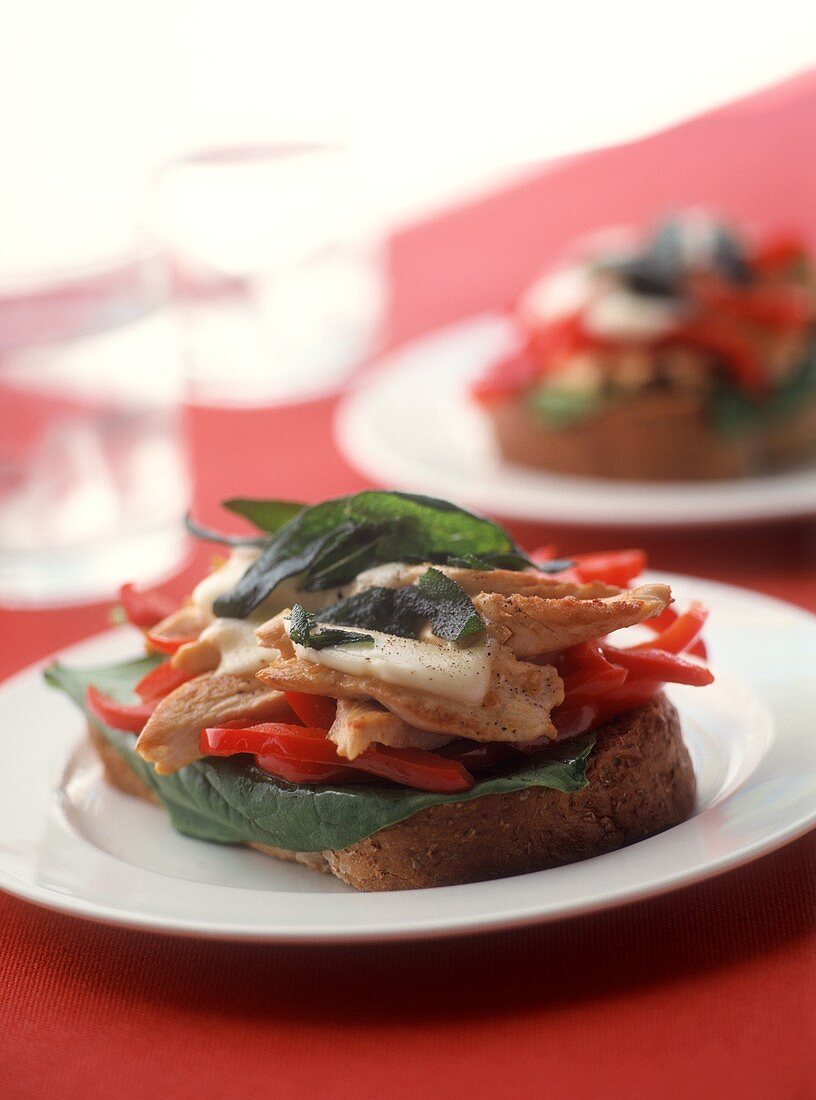 Open chicken and pepper sandwich topped with toasted mozzarella