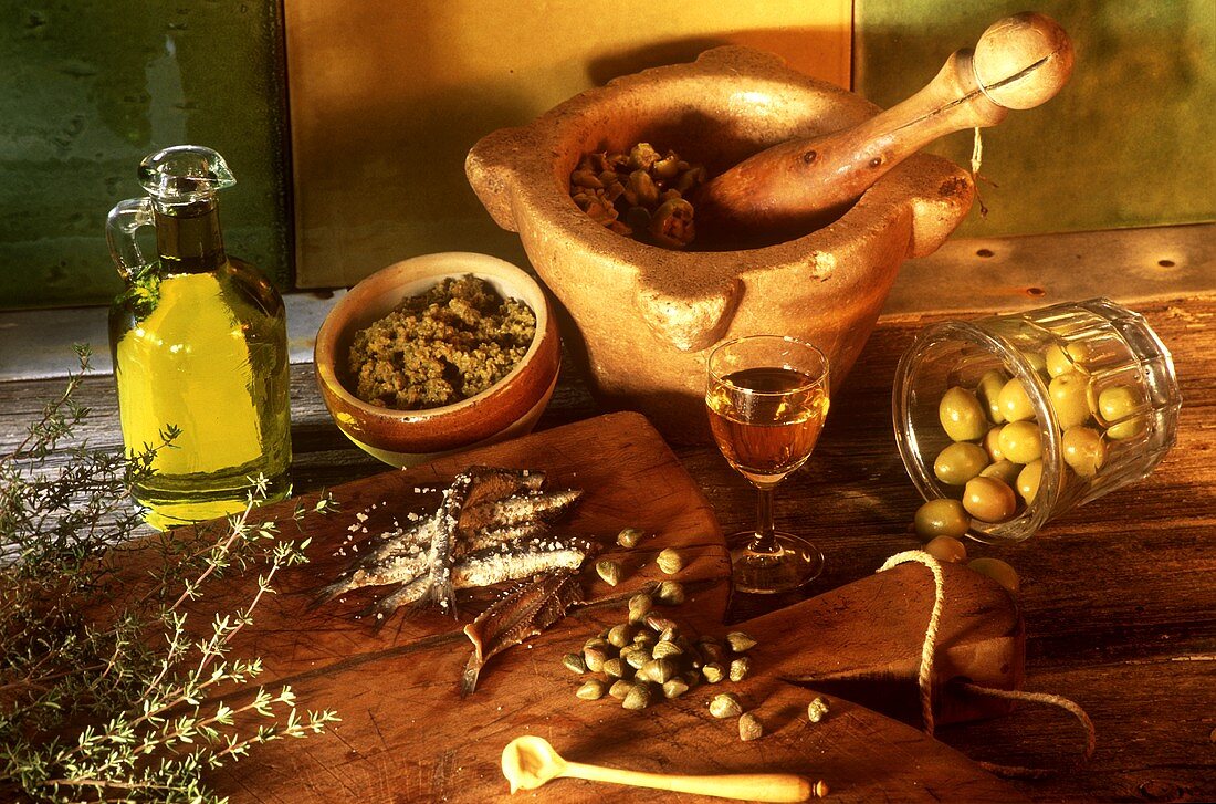 Tapenade (olive paste) and ingredients for making it