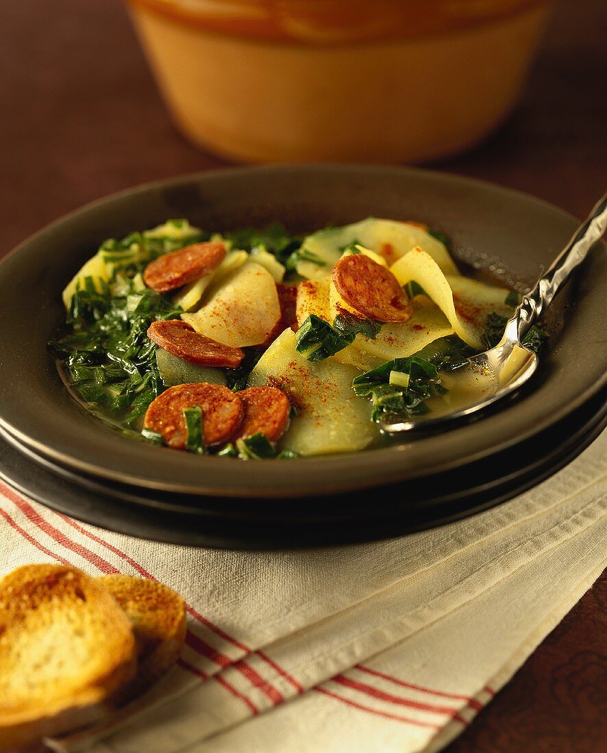 Cabbage soup with potatoes and chorizo