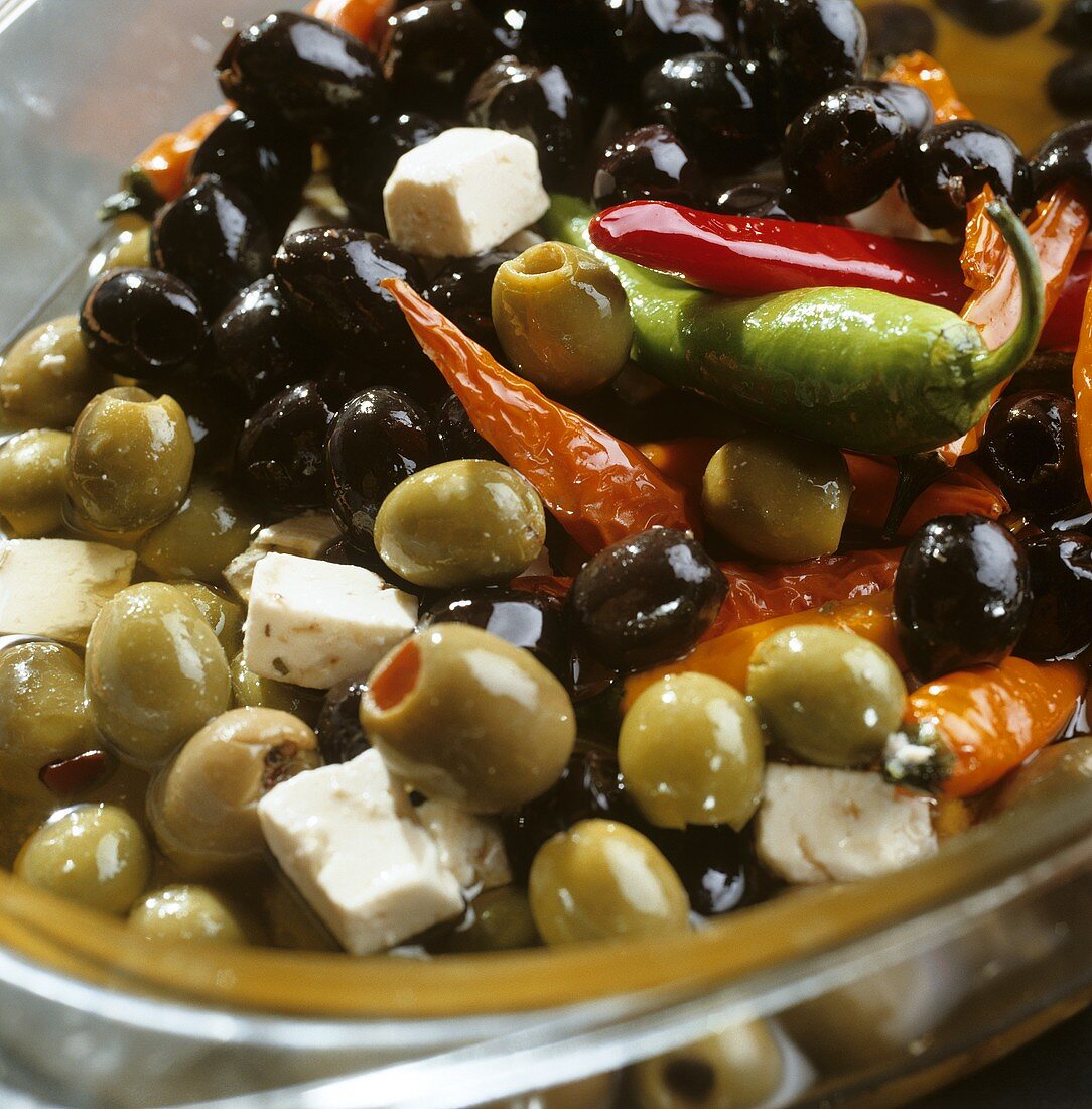 Pickled green and black olives, sheep's cheese and chillies