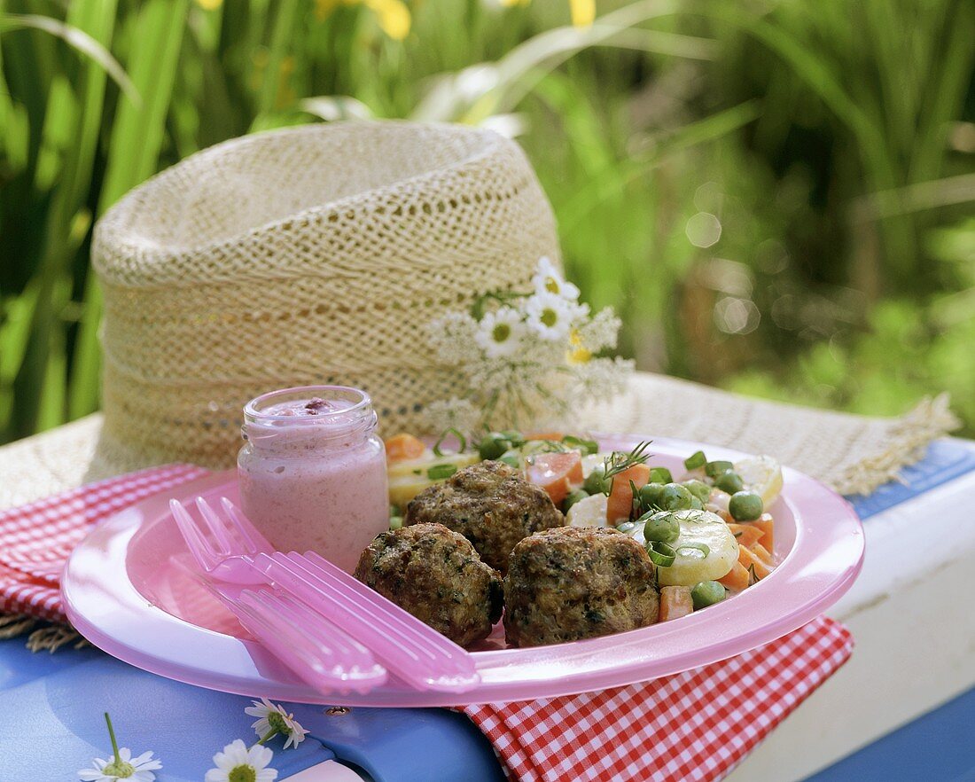 Picknickteller mit gebratenen Hackfleischbällchen im Freien