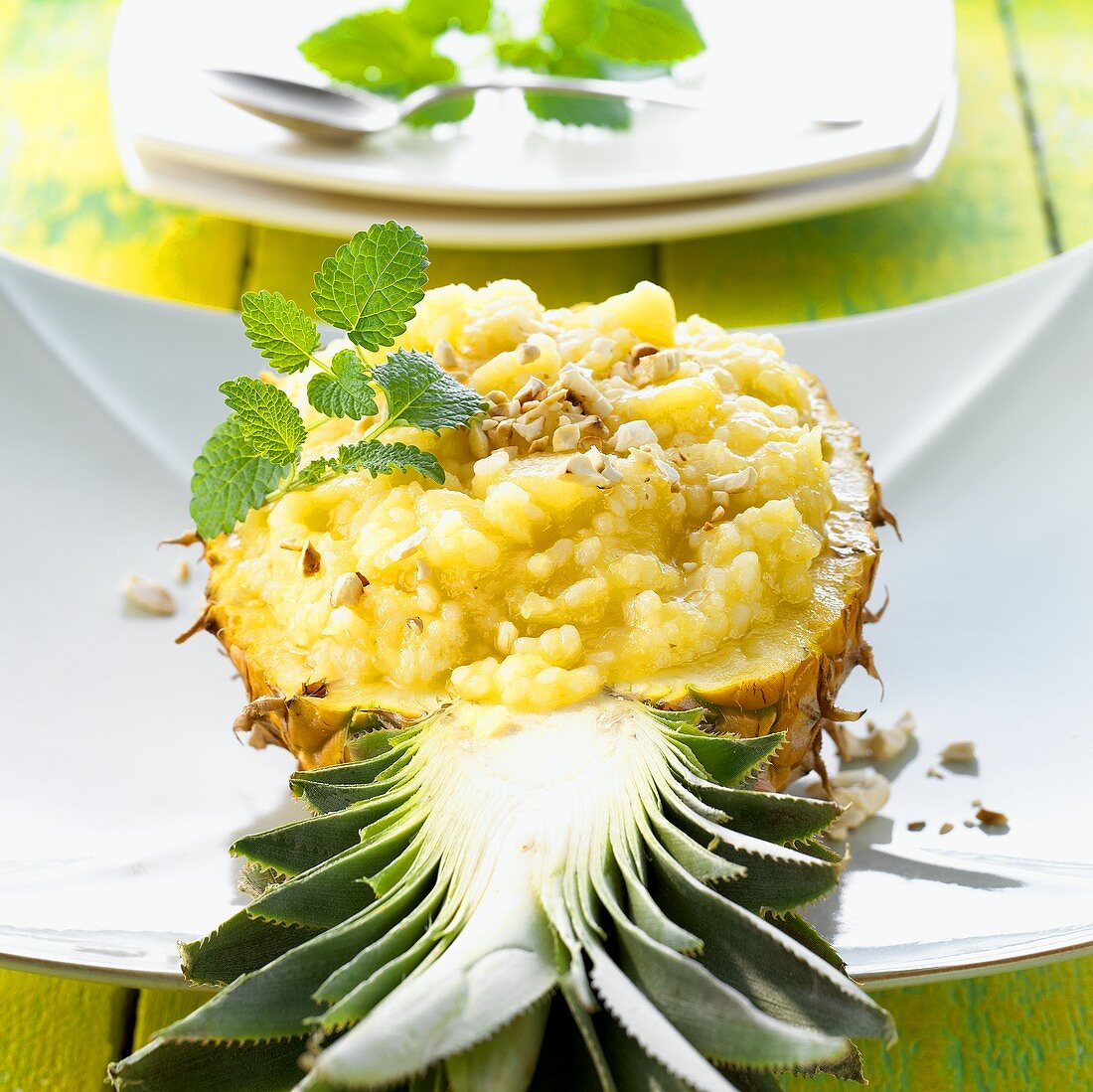 Pineapple rice with nuts in a pineapple half (Thailand)