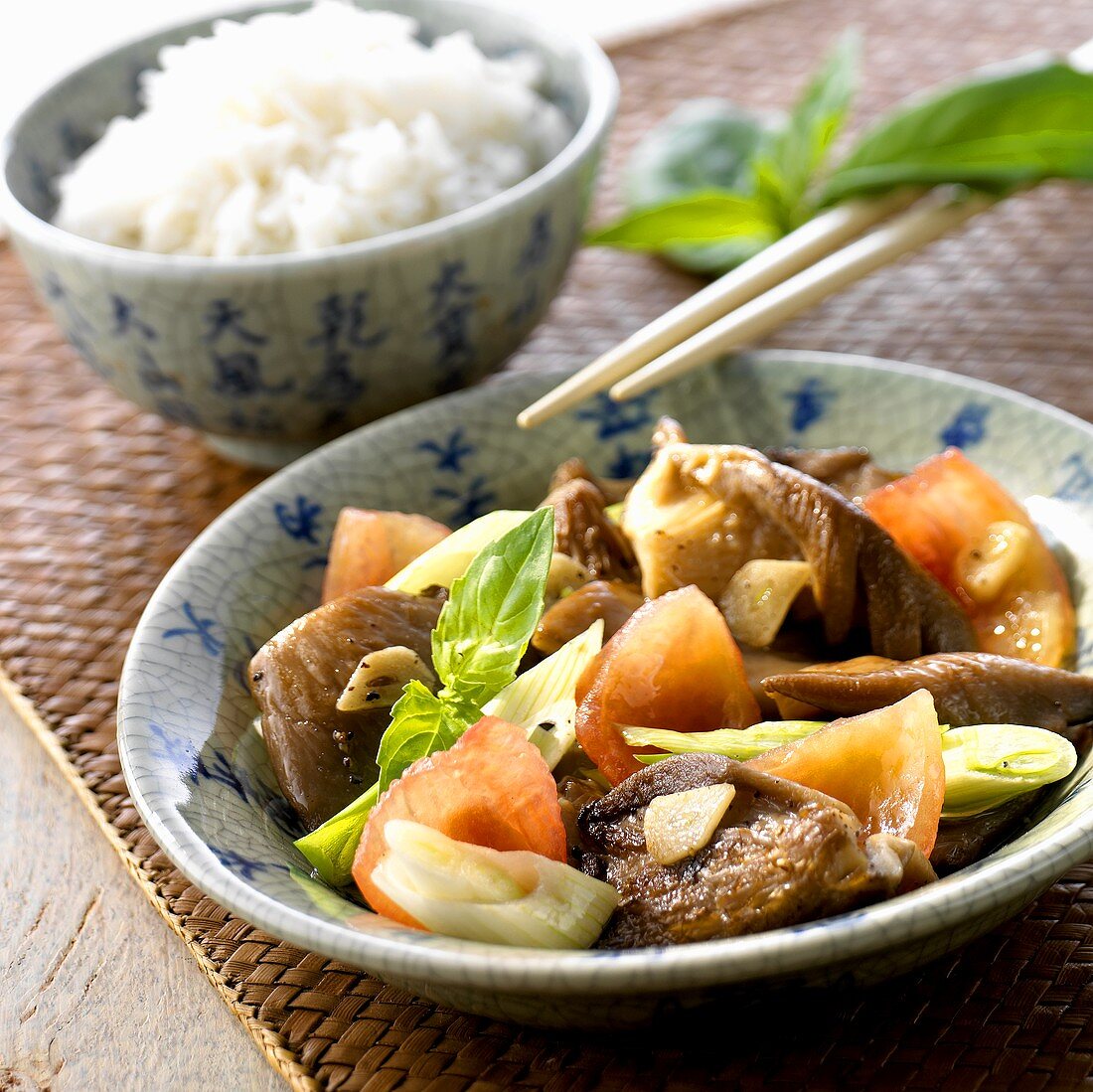 Pan-cooked vegetables with oyster mushrooms & a bowl of rice