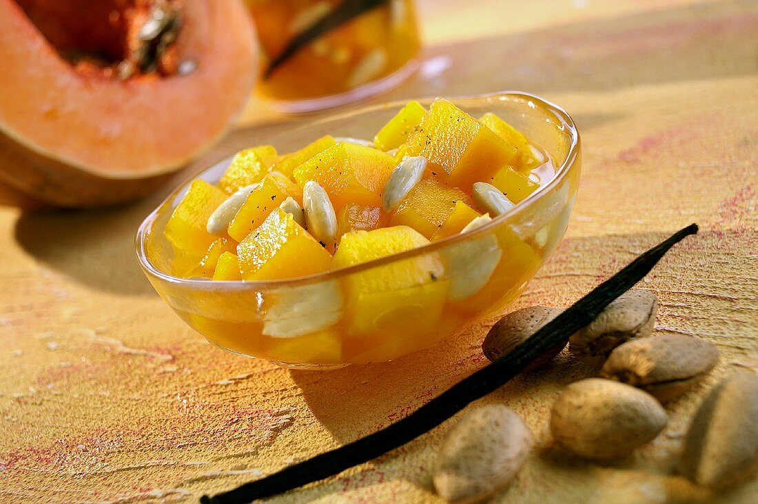 Bottled pumpkin with vanilla and almonds in small glass bowl