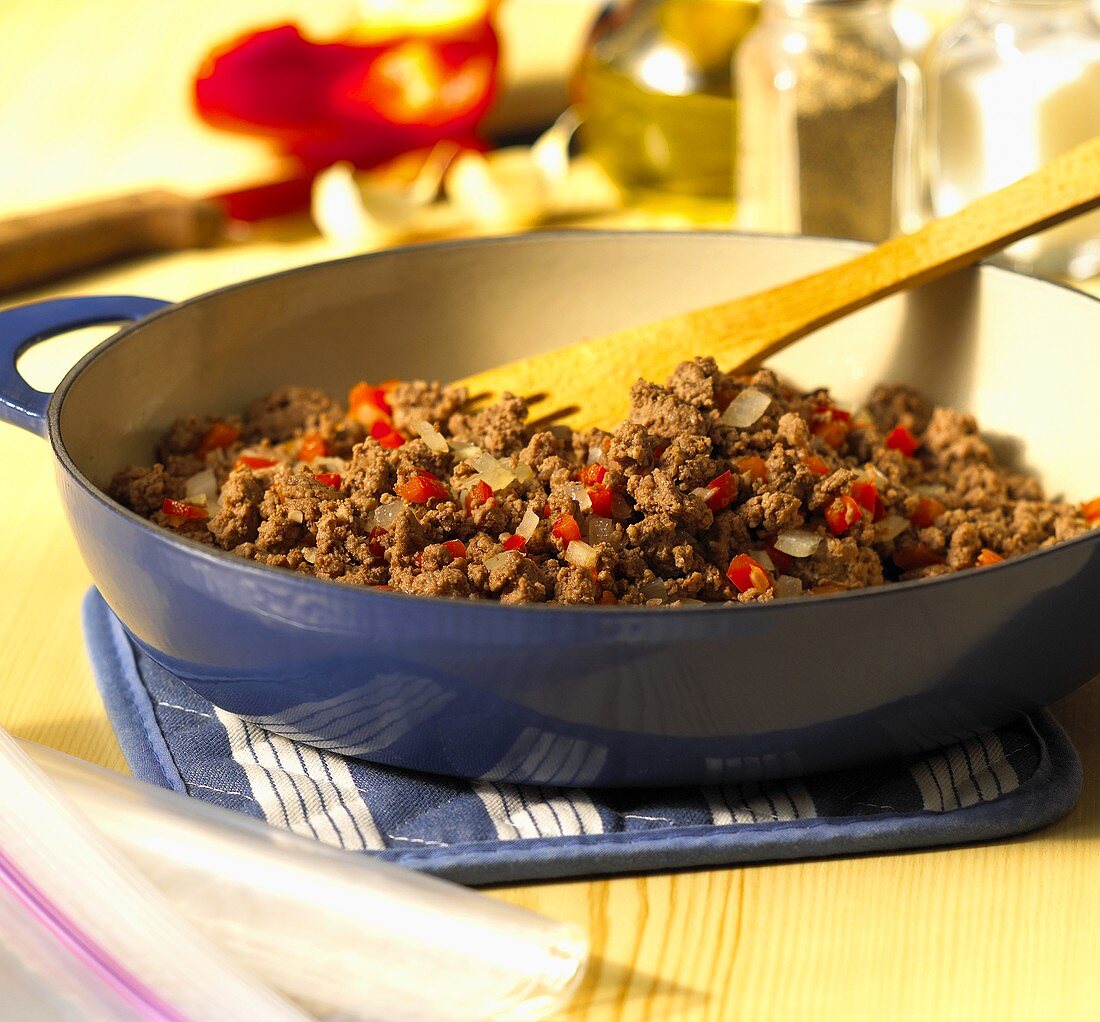Minced beef in a frying pan
