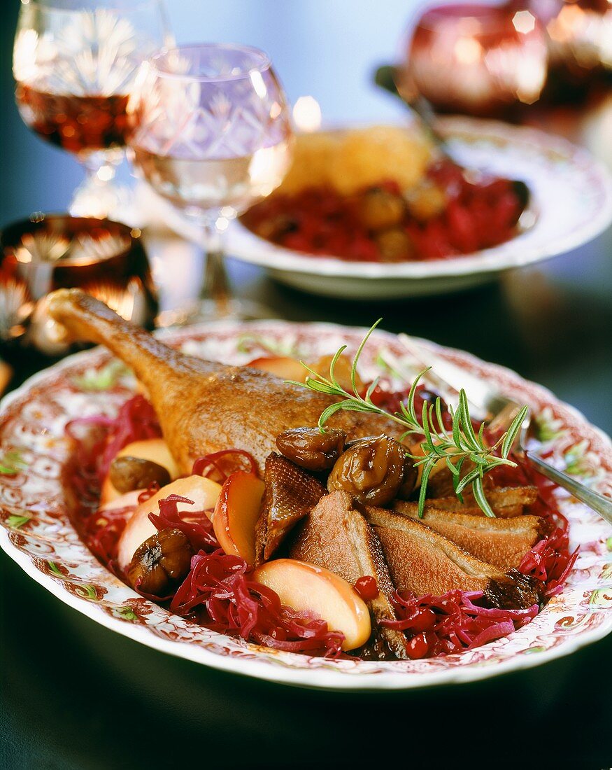 Roast leg of goose with apple, chestnut and red cabbage