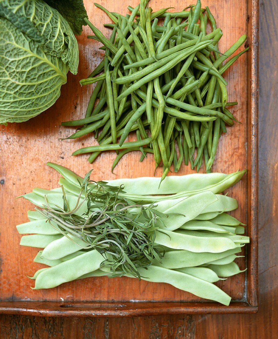 Broad beans, tarragon, French beans and savoy