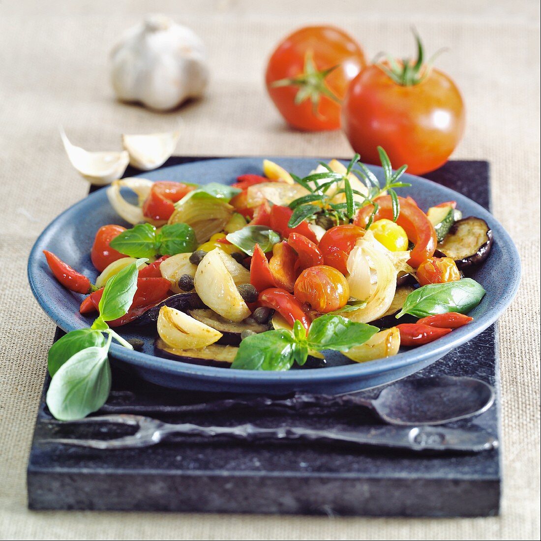 Aubergine and tomato salad with garlic