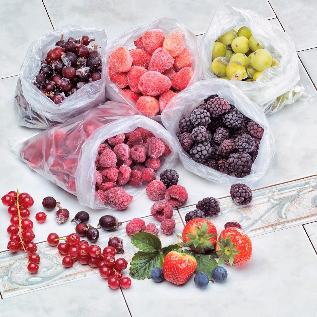 Frozen berries in plastic bags