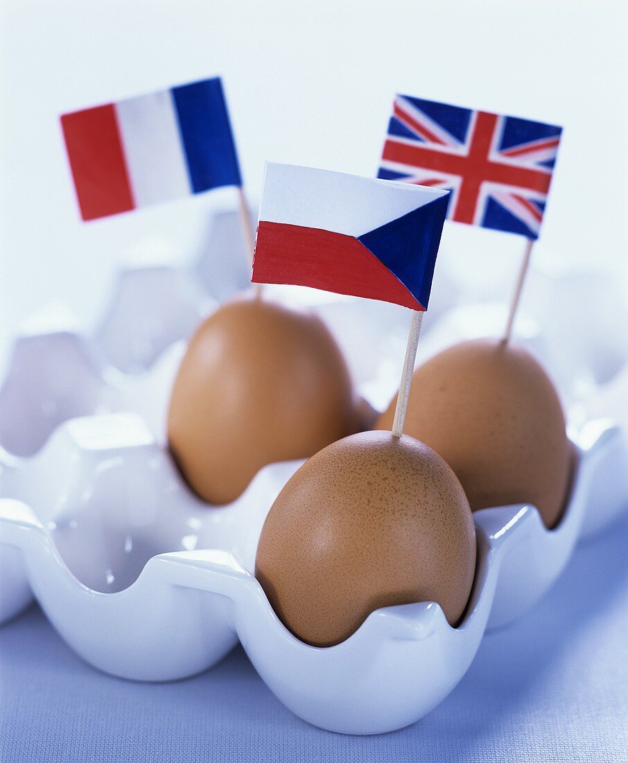 Three eggs with flags
