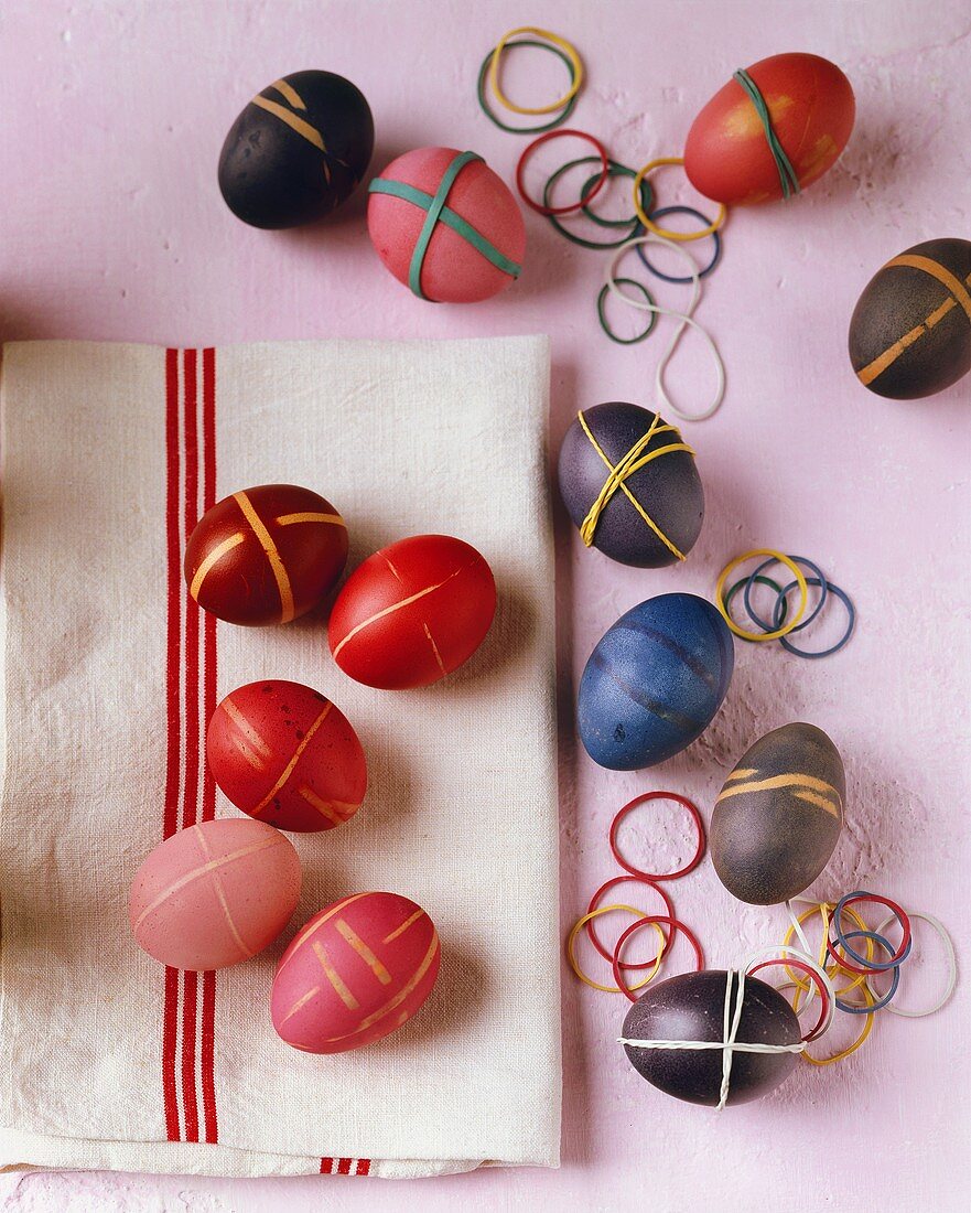 Coloured Easter eggs with elastic bands