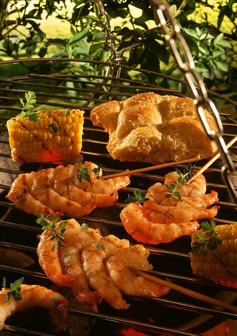 Barbecued shrimps kebabs and corncobs on barbecue
