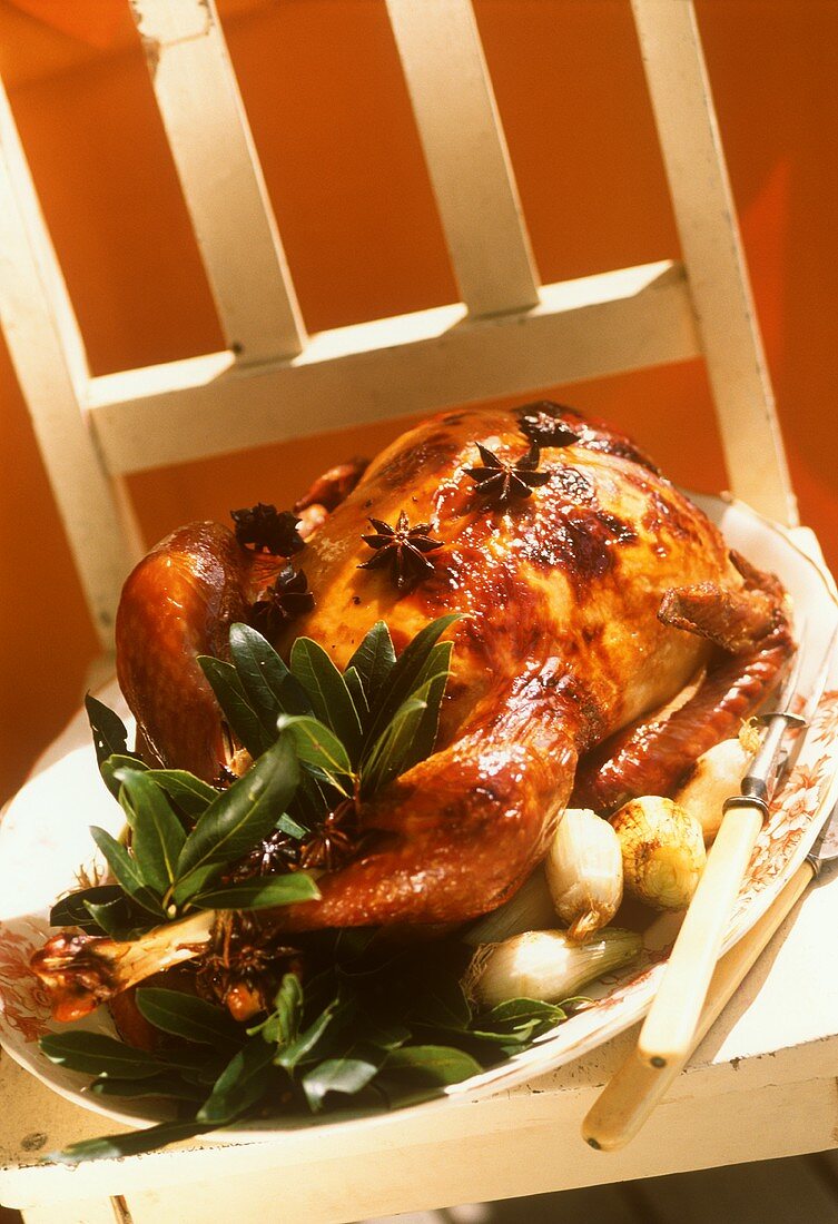Roast turkey with bay leaves and star anise