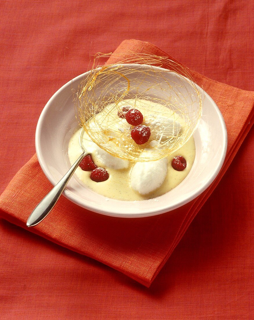 Poached meringues with custard, raspberries and spun sugar