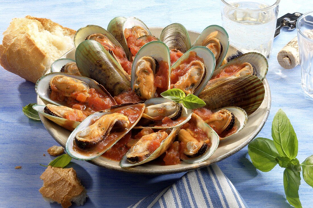 Green mussels with tomato sauce and basil