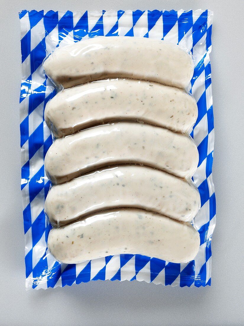 White sausages in blue & white plastic packaging (Bavaria)