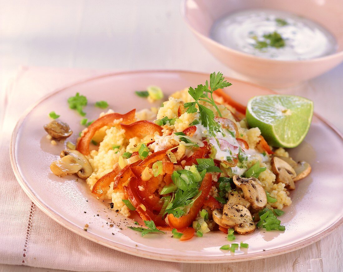 Couscous with peppers, mushrooms and lime yoghurt