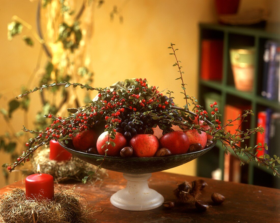 Obstschale mit Äpfeln und Cotoneasterzweigen