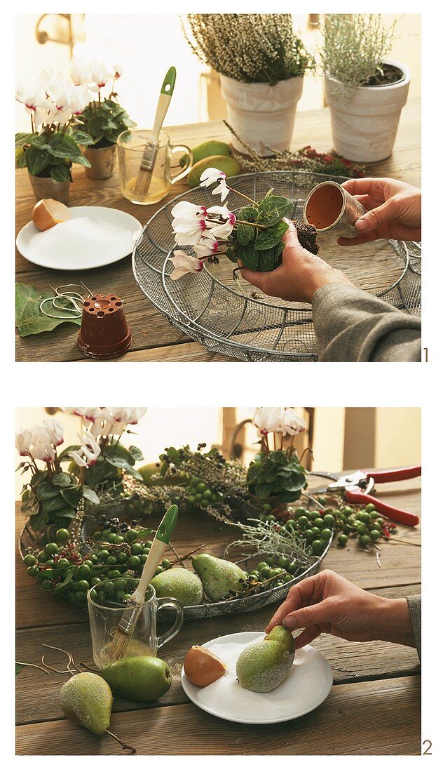 Making autumn decoration with pears, berries and cyclamen