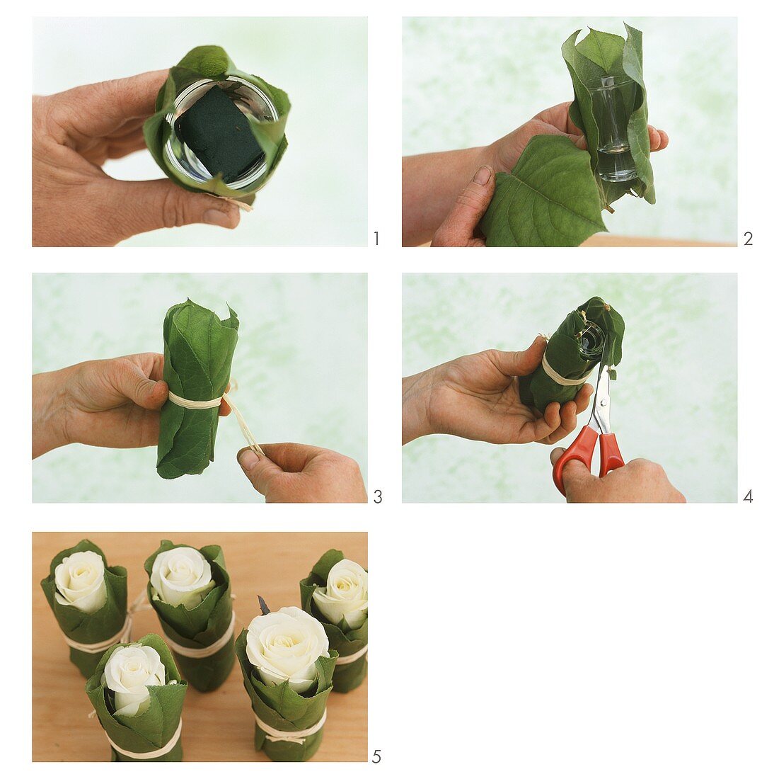 Decorating roses in glasses wrapped in leaves