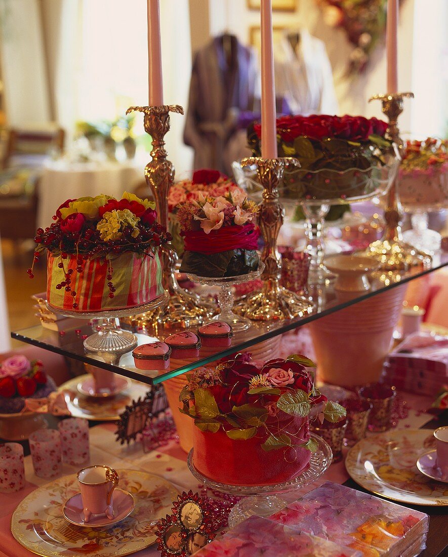 Festive table with candles and flowers