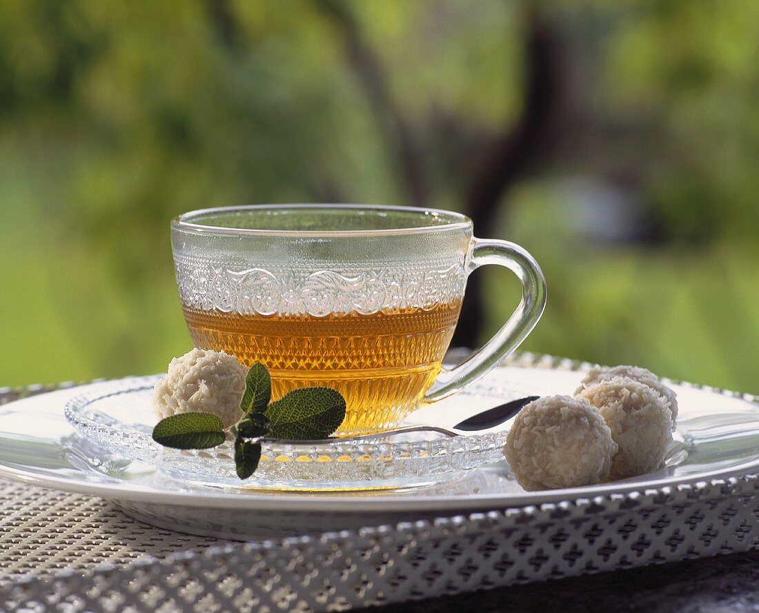 Sage tea in glass cup with coconut chocolates & sage leaves