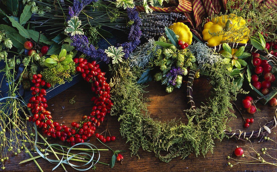 Herb wreaths and wreath of rose hips
