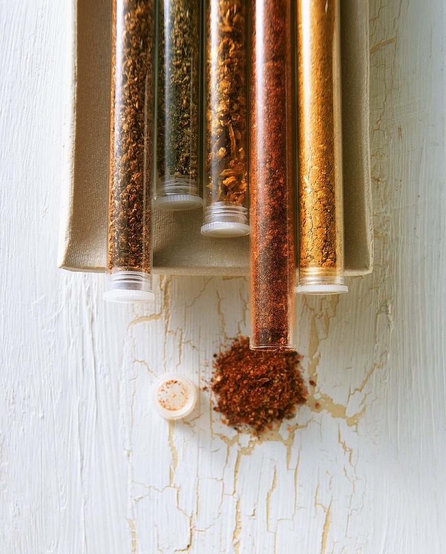 Various spice mixtures in test-tubes