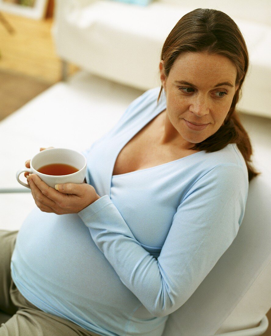 Sitzende schwangere Frau hält Tasse Früchte- oder Rotbuschtee