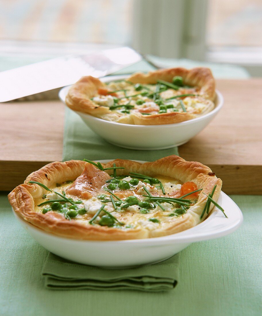 Savoury tart with ricotta, peas and salmon