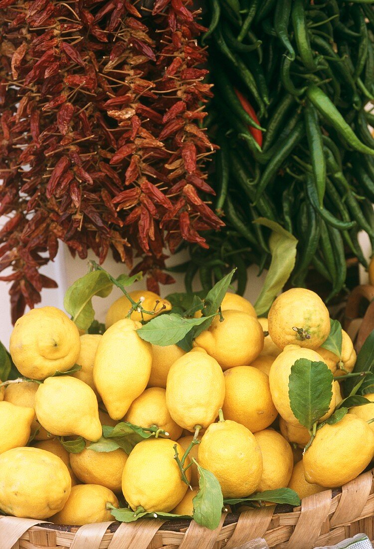 Lemons and chillies at a market in Italy