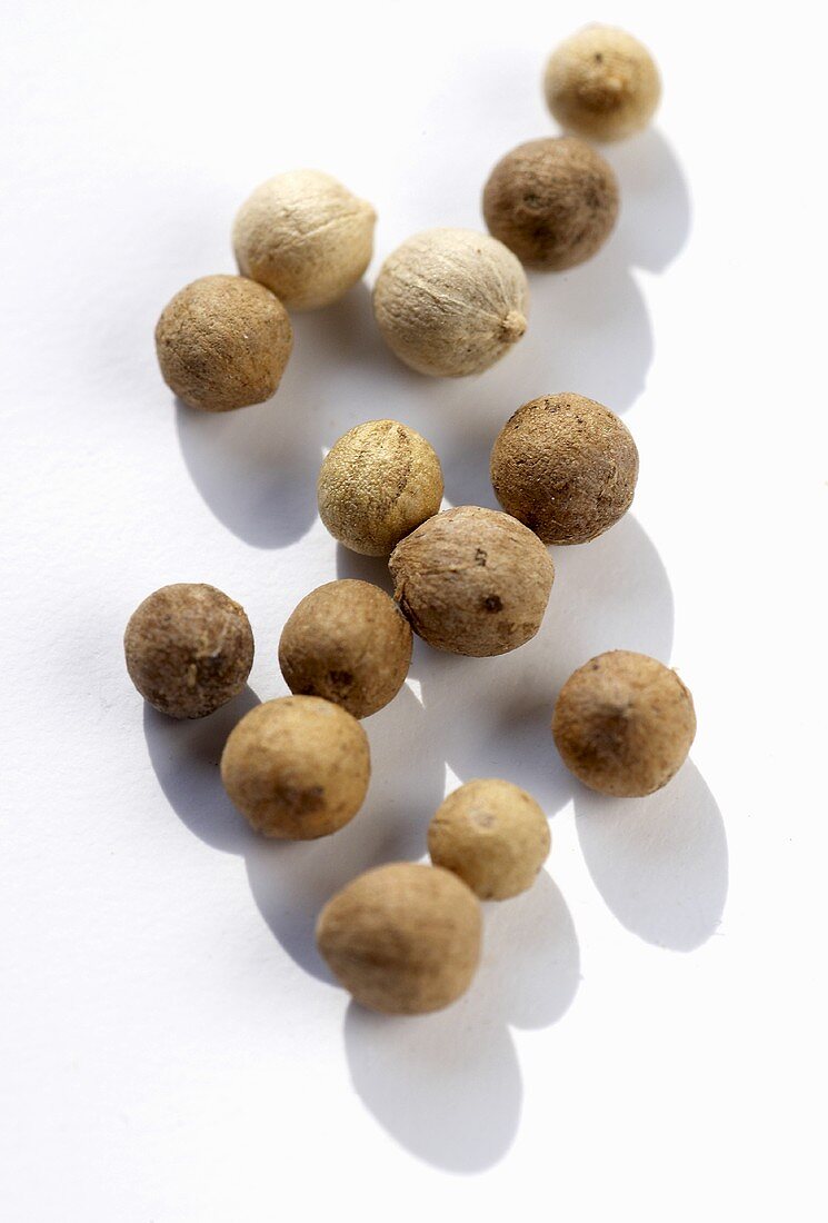 Several white peppercorns (close-up)