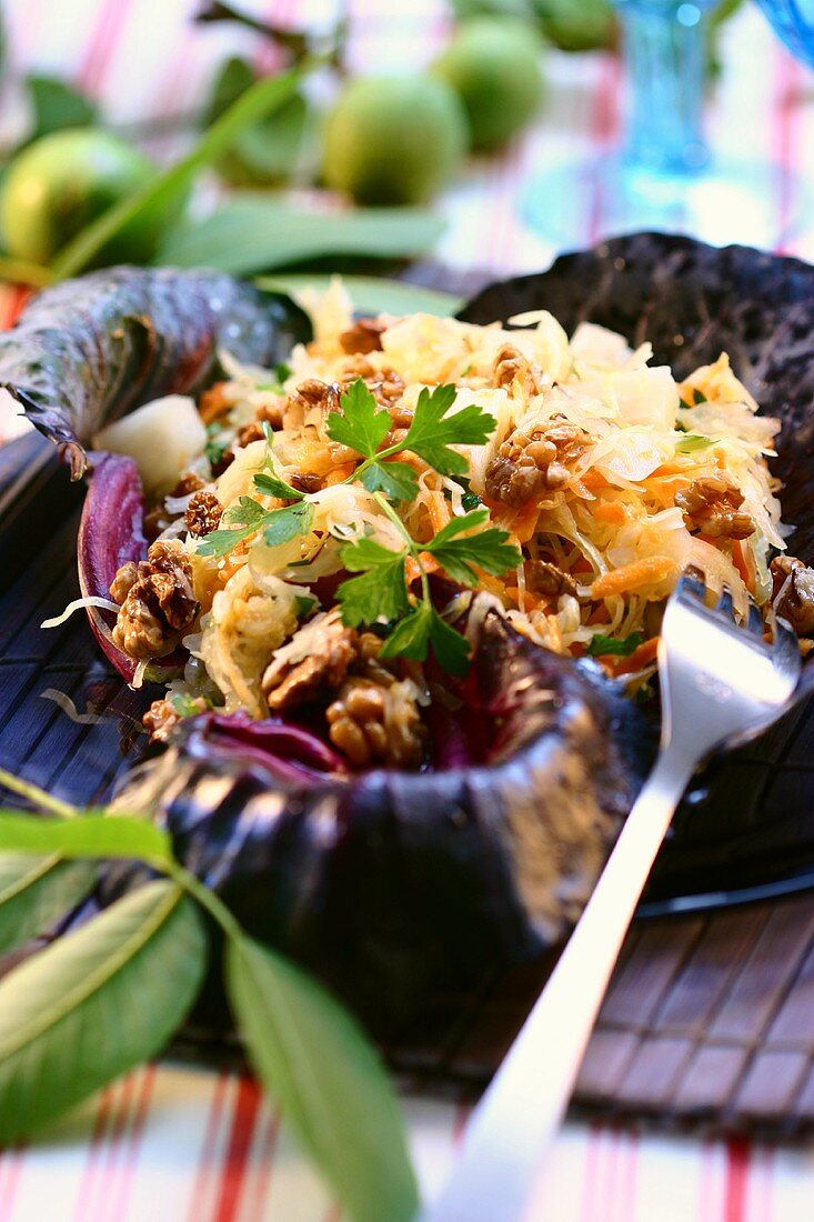 White cabbage salad with walnuts and pineapple