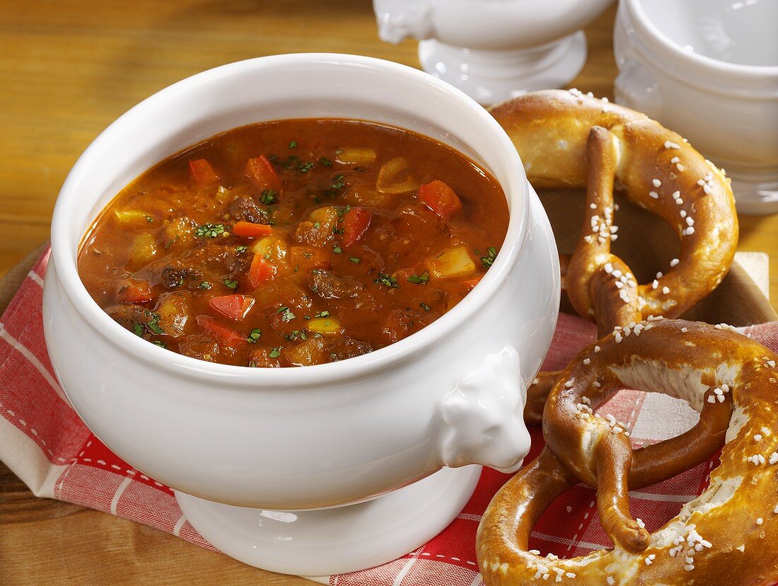Goulash soup with pretzels