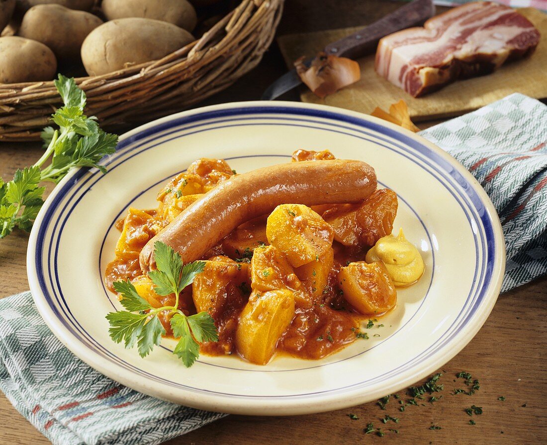 Kartoffelgulasch mit einer Bockwurst