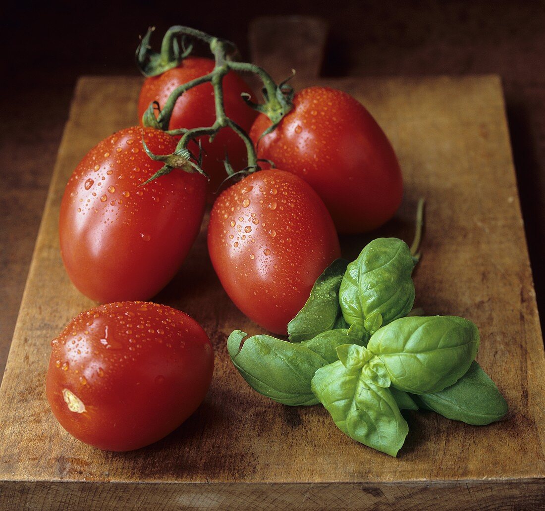 Plum tomatoes with basil on a wooden board