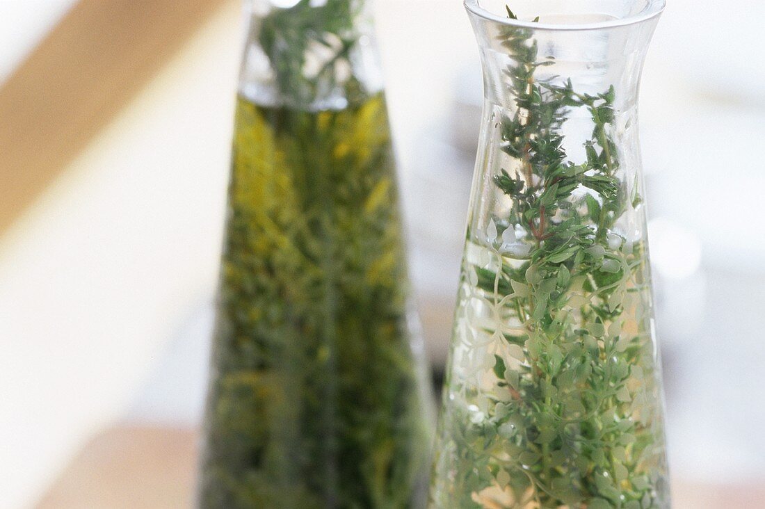 Herbs preserved in a bottle of vinegar