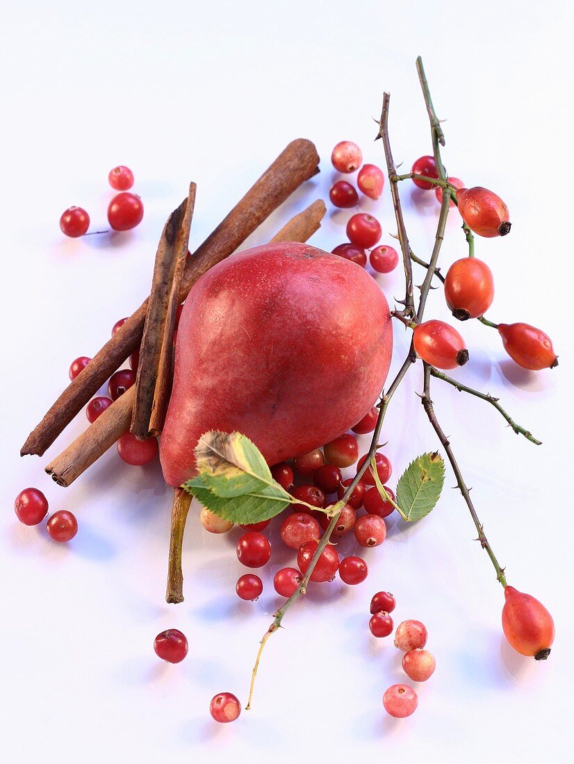A pear, rose hips, redcurrants and cinnamon