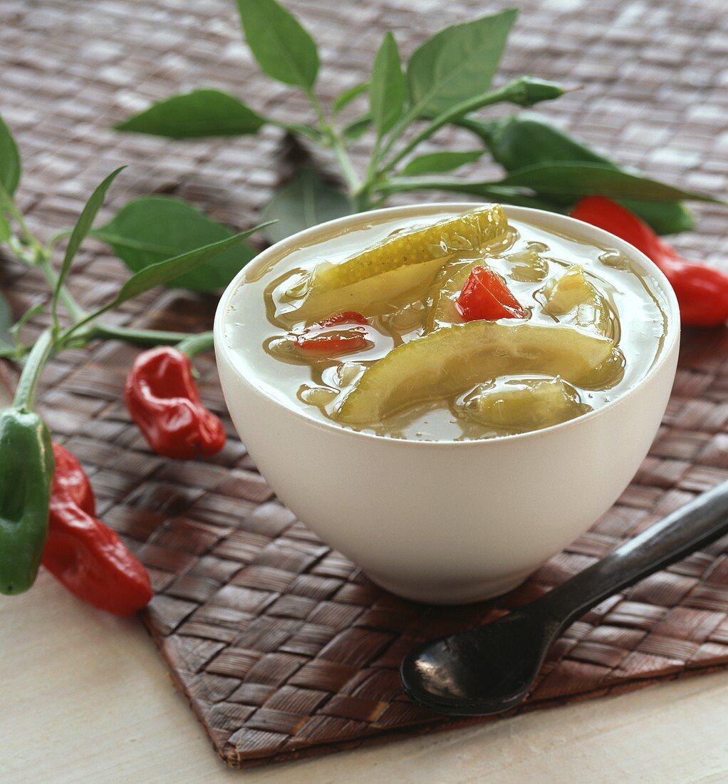 Lime chutney in small white bowl