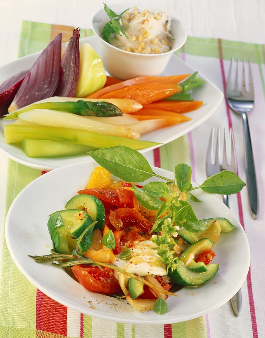 Ratatouille with cucumber & mozzarella; veg with almond quark