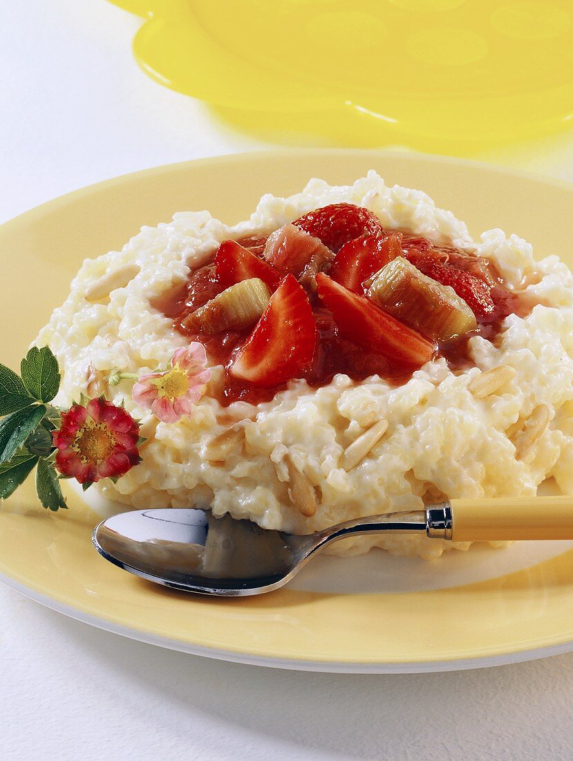 Rice pudding with rhubarb and strawberry compote