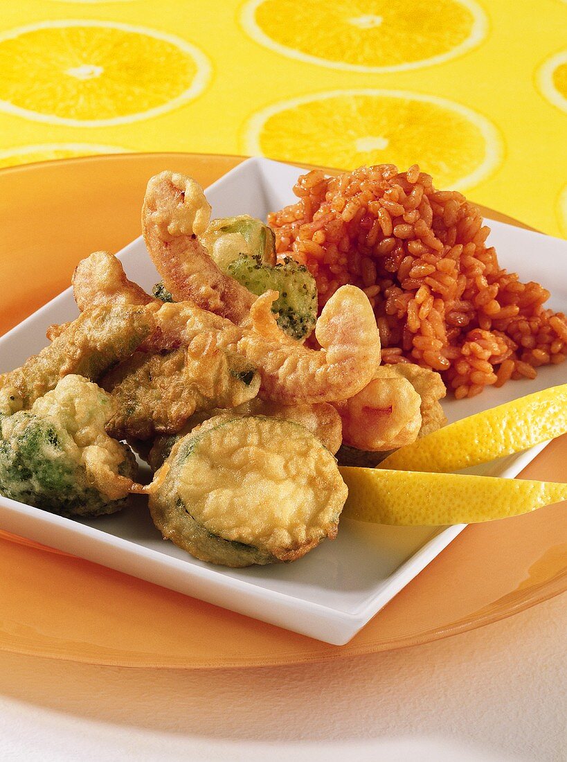 Fritto misto (deep-fried vegetables) with tomato risotto