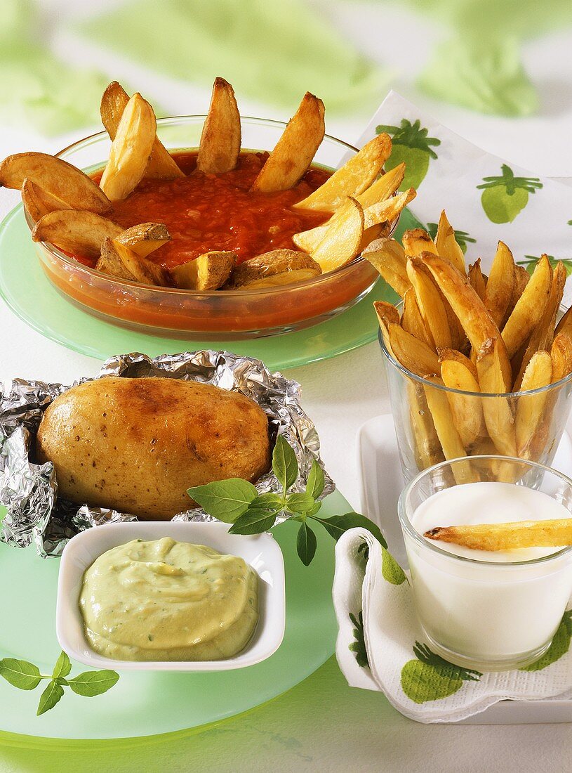 Potato wedges, chips and baked potato with dips