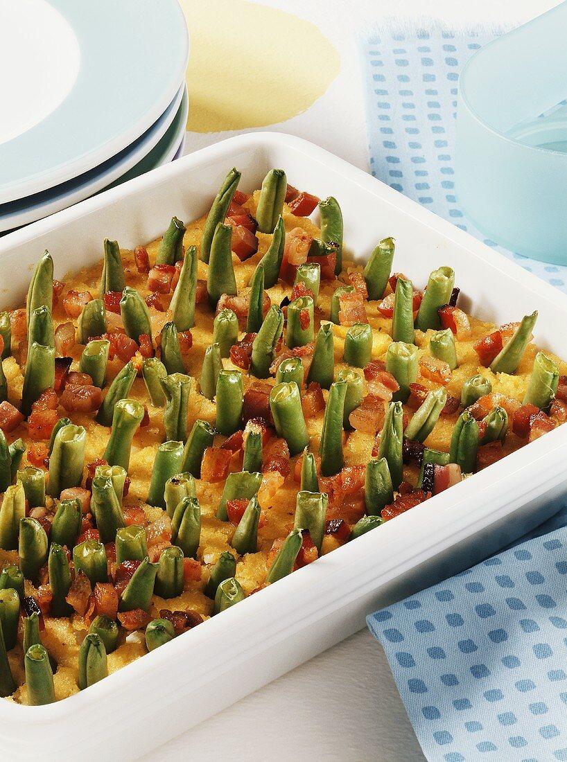 Polenta bake with green beans and bacon