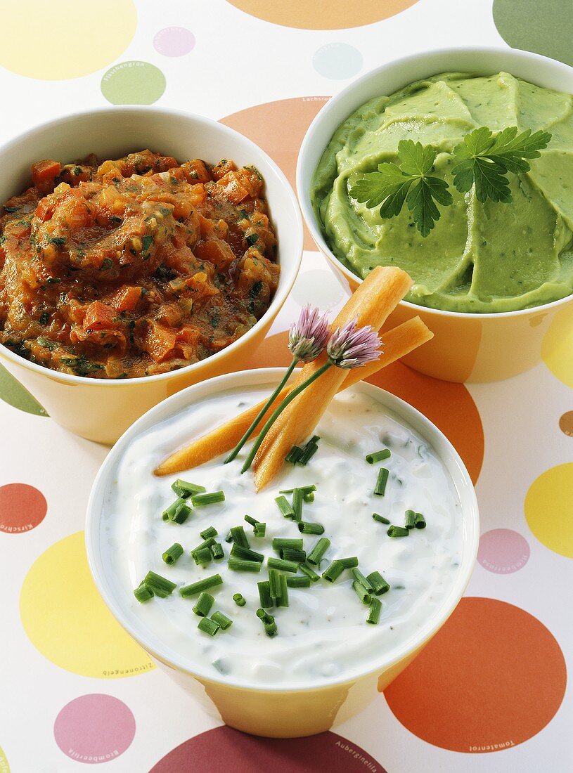 Schnittlauchquark, Guacamole und Tomaten-Ajvar-Dip