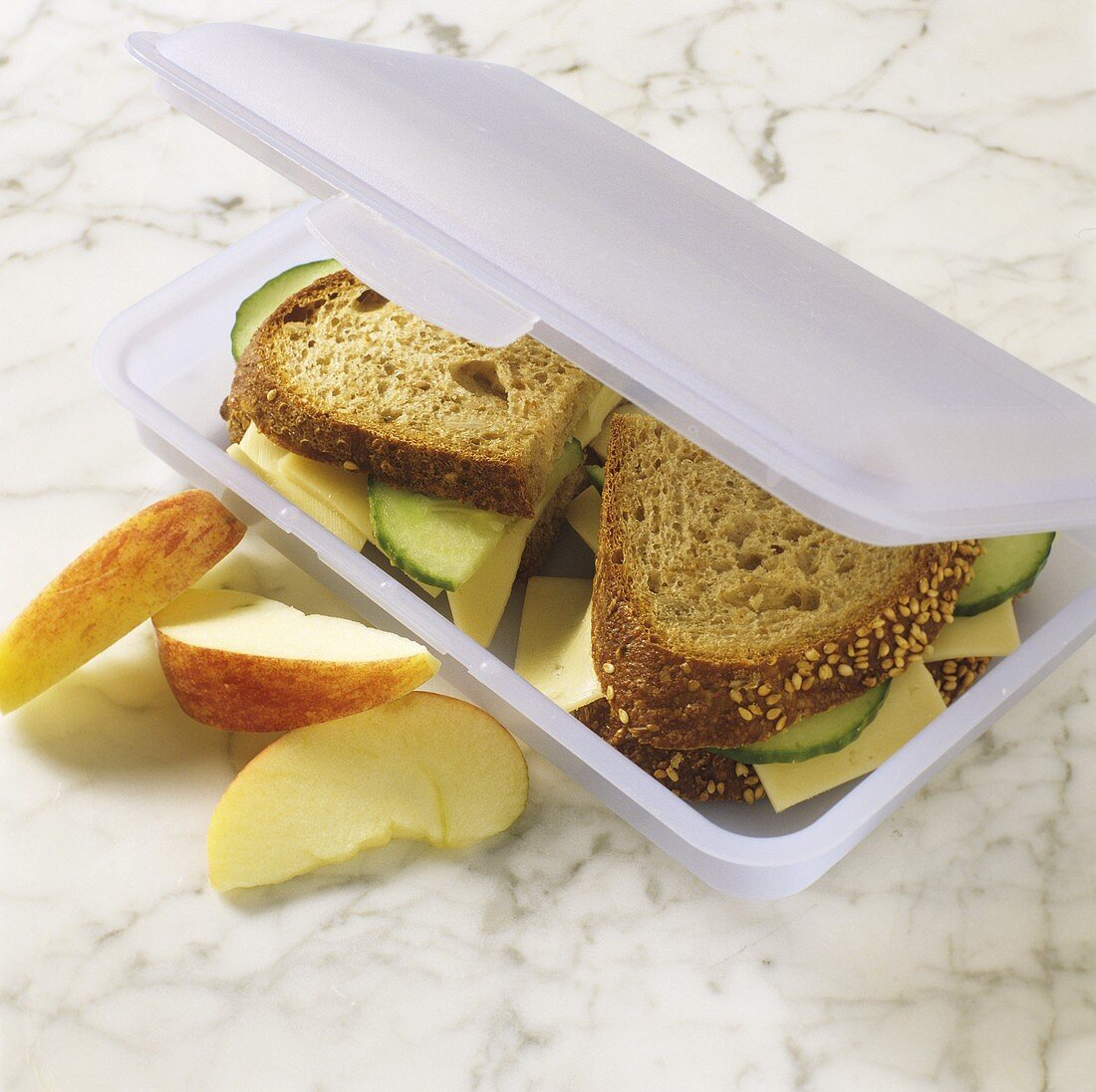 Child's lunchbox with sandwiches and fruit 