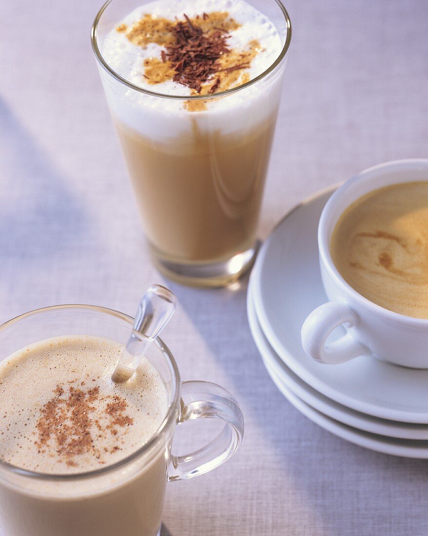 Three coffee specialities: Coffee nog, Melange, Chocolate latte