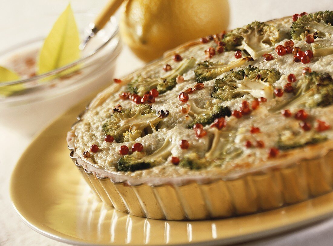 Broccoli tart with red peppercorns