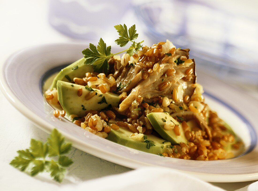 Oyster mushrooms with cereals and avocado