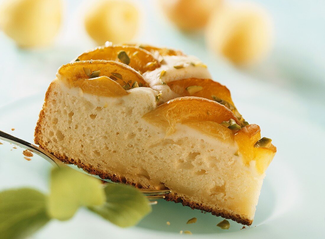 Piece of apricot cake with pistachios